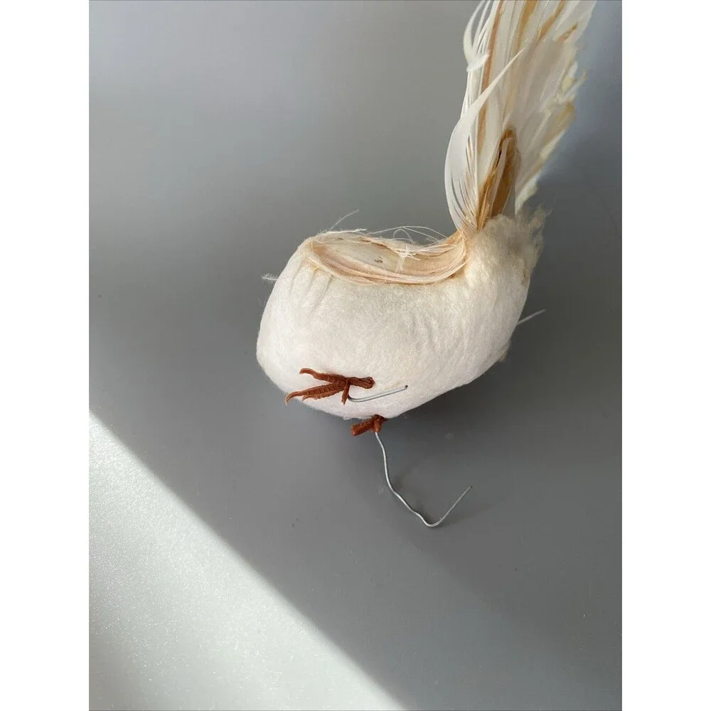 Vintage Spun Cotton Fantail White Brown Bird Christmas Tree Ornament